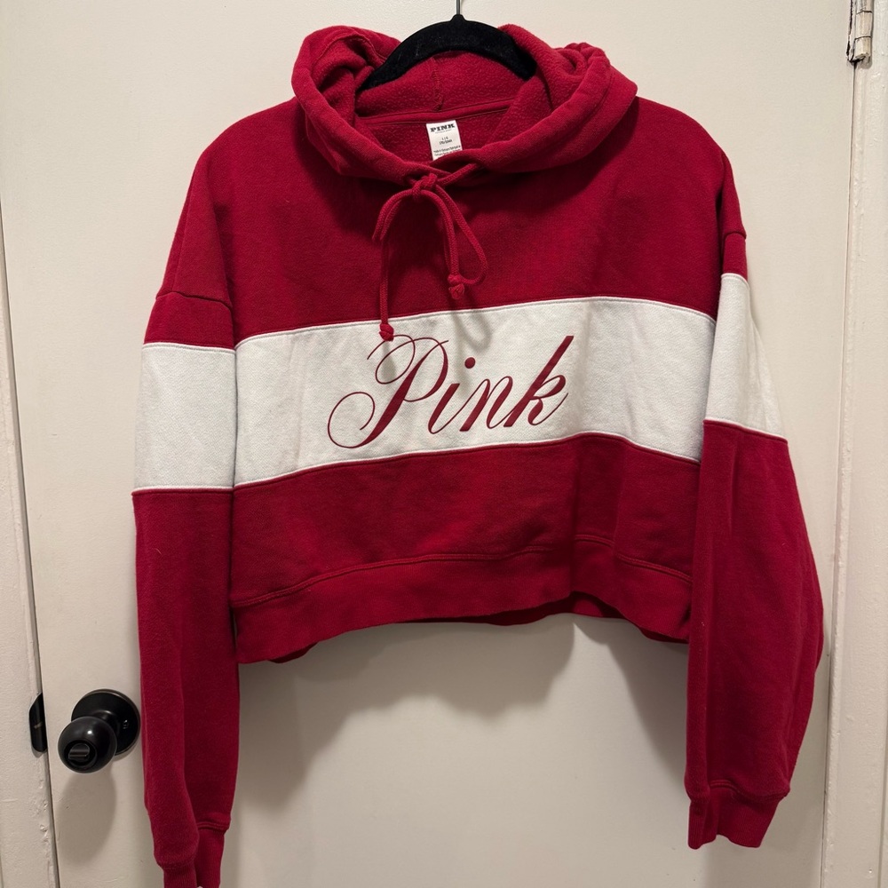 PINK Victoria's Secret Red and White Cropped Hoodie